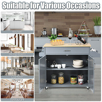 Grey Rolling Kitchen Island with Drawer, Cabinet & Side Racks