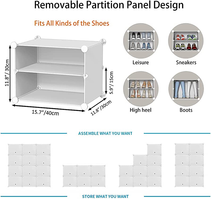 2 × 6 Modular Plastic Cube Shoe Cabinet with Removable Dividers