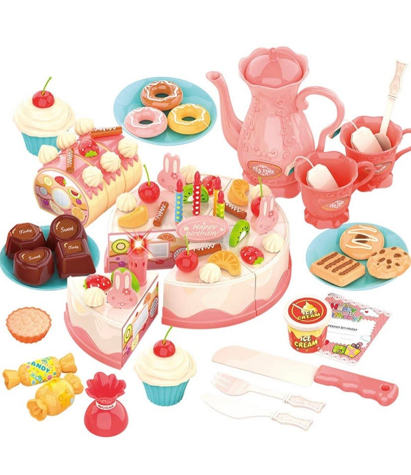 Pretend Play Food for Kids, DIY 82PCS Decorating and Cutting Birthday Party Cake, Tea Set,Candle,Fruits,Biscuits,Desserts,Educational Kitchen Toy with Lights&Sounds for Children,Girls&Boys,Aged 3+