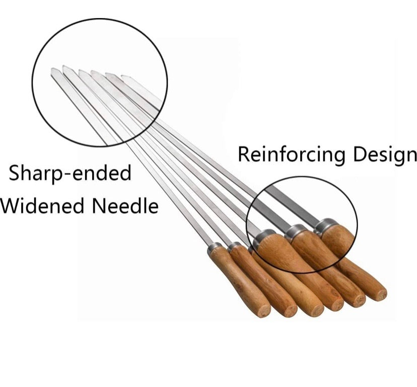 17” Flat Blade Barbecue Shish Kebab Skewers Stainless Steel with Wooden Handle, Set of 6