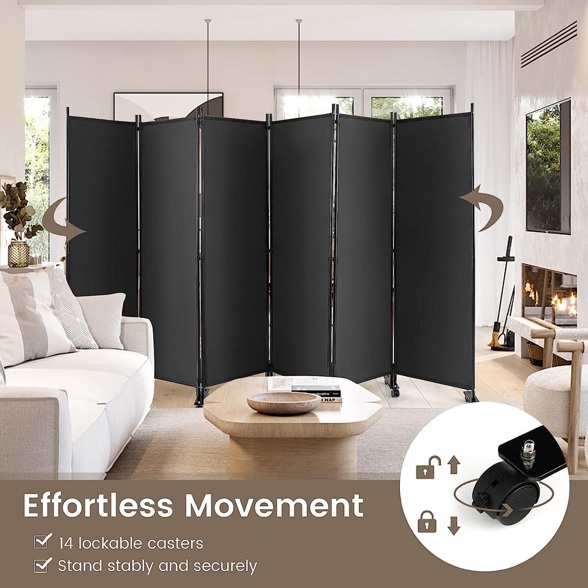 334.5 × 172 cm 6-Panel Rolling Room Divider – 4 Colours