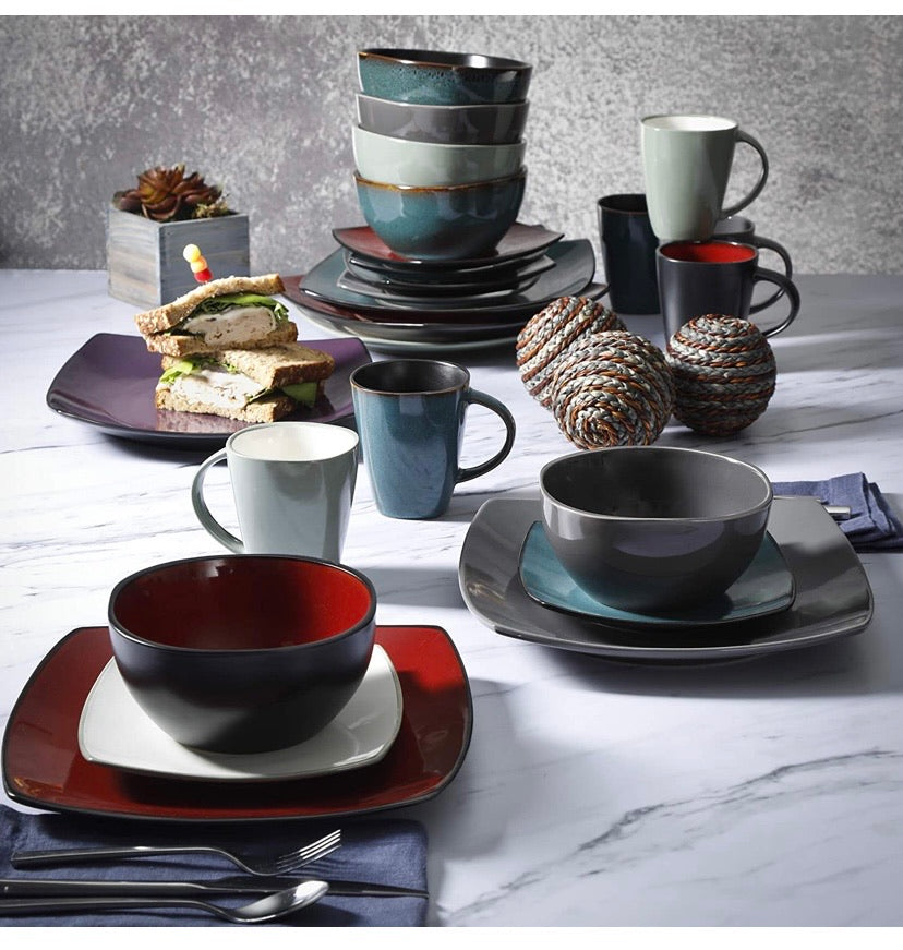 16-Piece Square Reactive Glaze Dinnerware Set