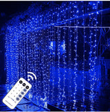304 LED Curtain String Lights, 9.8 x 9.8 ft, 8 Modes Plug in Fairy String Light with Remote Control, Christmas, Backdrop for Indoor Outdoor Bedroom Window Wedding Party Decoration, Blue.