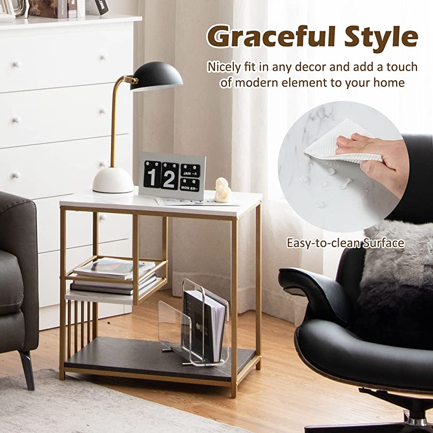 3-Tier Faux-Marble Sofa Side Table