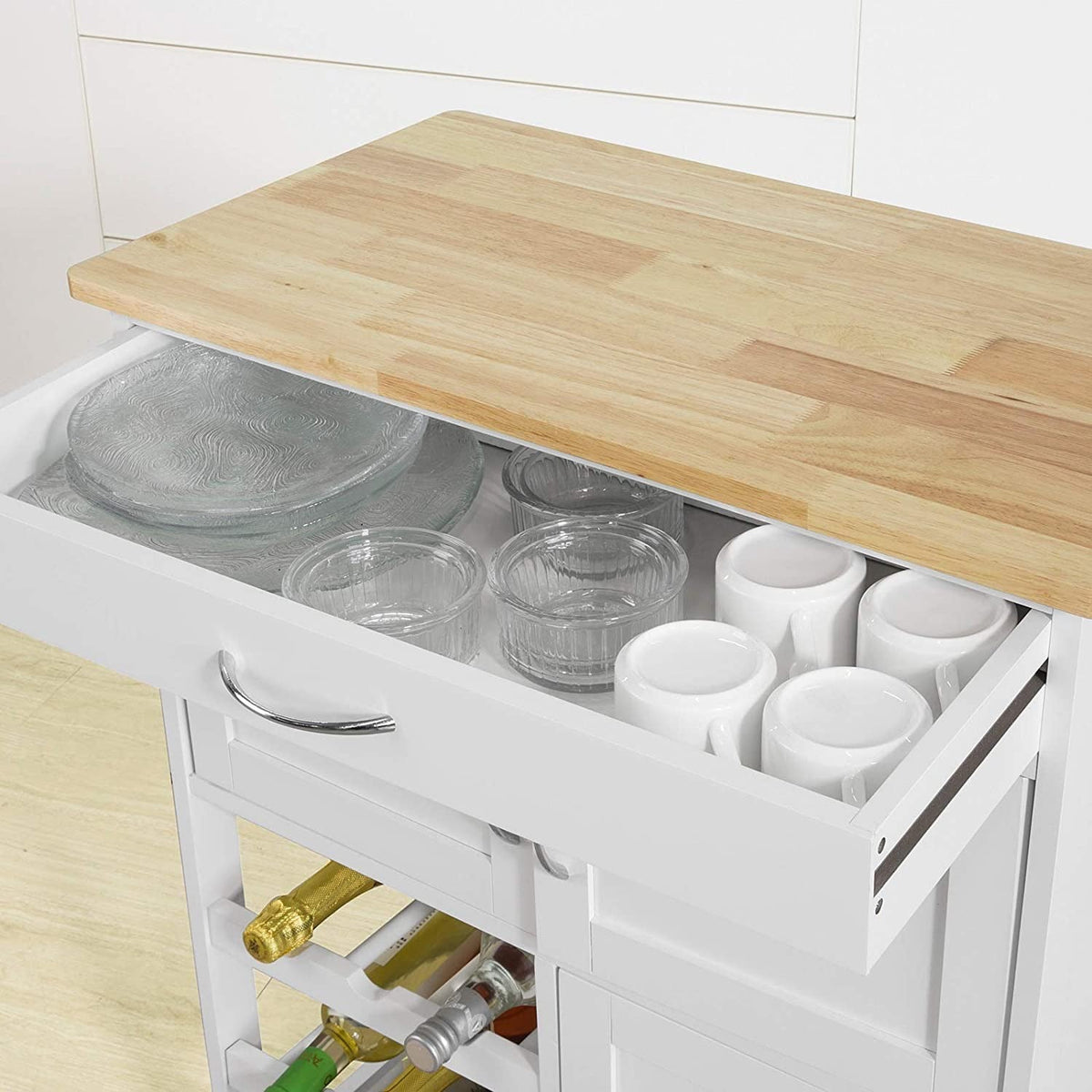Kitchen Trolley with 2 Cupboards & 3-Bottle Wine Rack