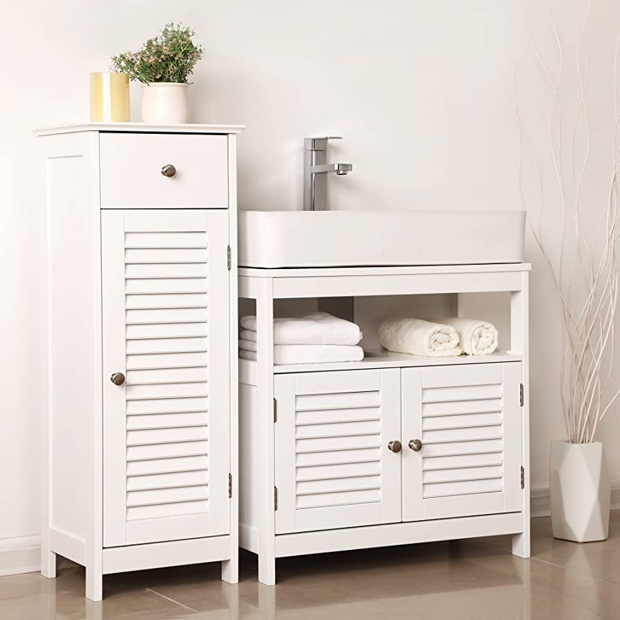 Vanity Unit Without Sink Lots of Storage Space Bathroom Cabinet with Slat Doors 2 White, MDF Panels, with Open Compartment, 60 x 30 x 60 cm