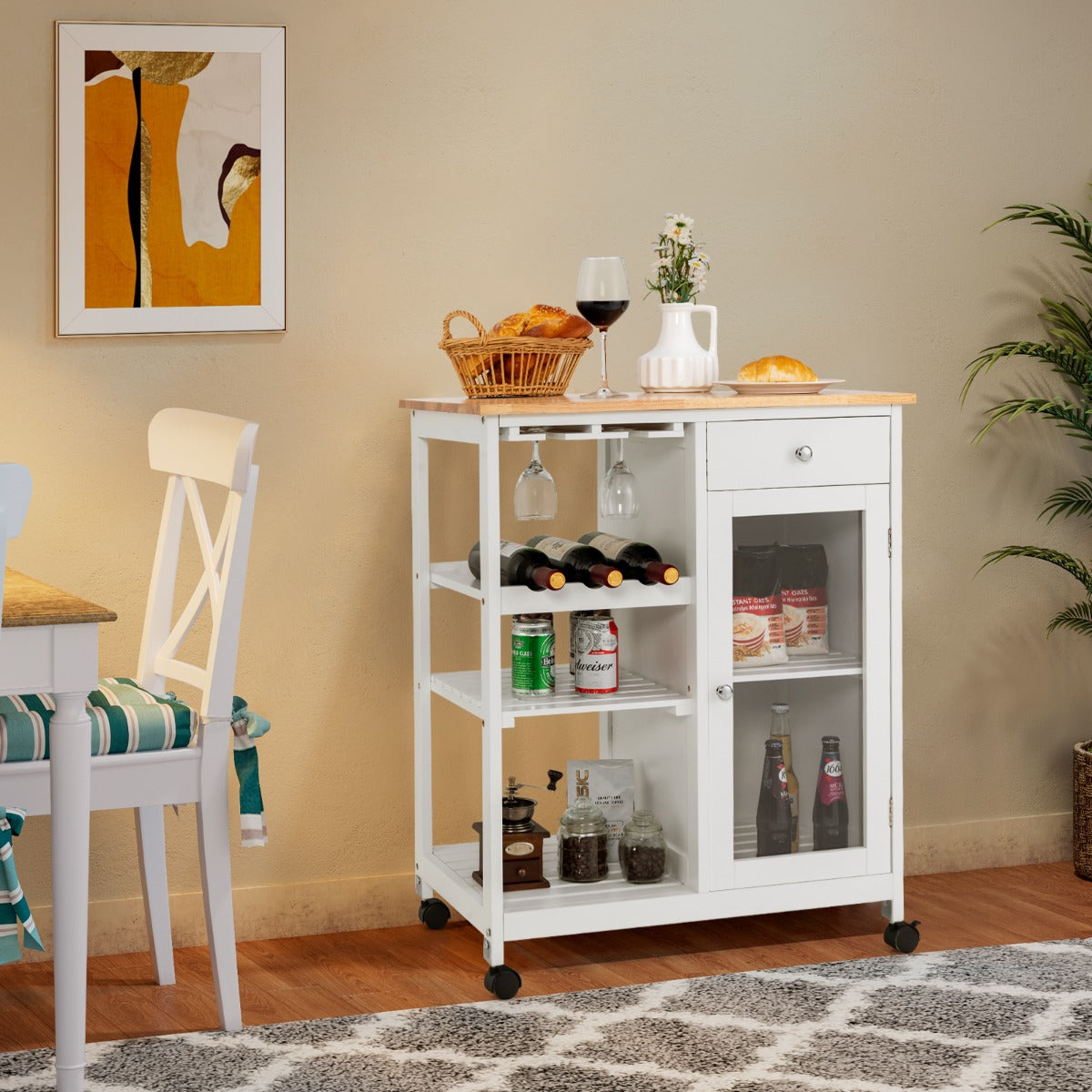 Rolling Kitchen Island with Wood Top, Cabinet & Wine Rack