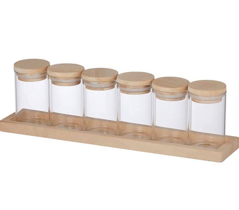 6-Piece 100ml Glass Spice Jar Set with Birch-Wood Base