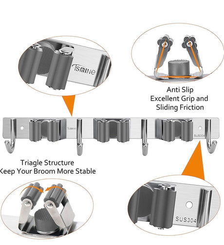 Broom Mop Holder Wall Mount - Tsmine Stainless Steel Wall Mounted Garden Tool Storage Tool Rack Storage & Organization for Your Home,Kitchen,Bathroom,Garage,Closet and Shed(3 Racks 4 Hooks)