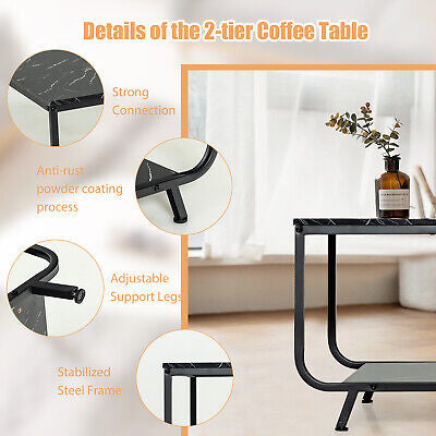 2-Tier Faux-Marble Coffee Table with Metal Frame