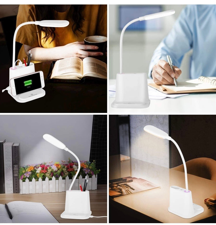 LED Desk Lamp, Xkey Rechargeable Desk Lamp with USB Charging Port & Pen Holder, 2 Color Modes & Stepless Dimming, 360° Flexible Metal Hose, Mini Cute Lamp for College Dorm Bedroom Reading (CDTD-White)