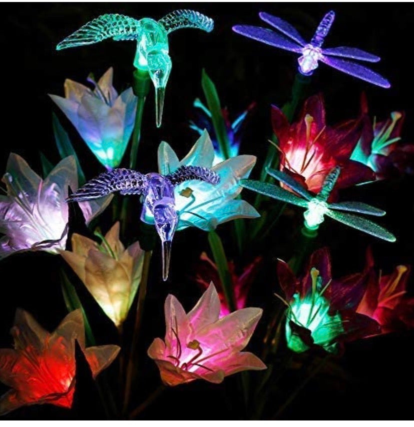 2 PCS Solar Garden Lights Outdoor, Garden Decor with 6 Lily Flower and Butterflies Combination Decorative Lights Multi-Color Changing LED Solar Stake Lights for Path, Yard, Yard Art, Yard Decorations.