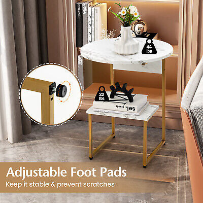 2-Tier Round Wooden Side Table with Metal Frame