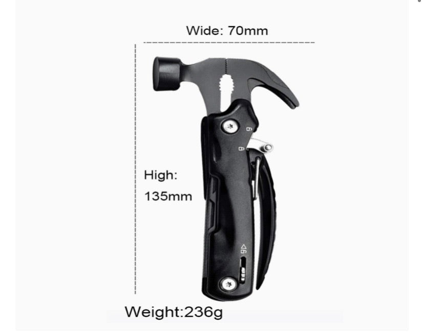 Black Stainless Steel Portable Multipurpose Pocket Size Tool with Anodized Aluminium Handle 7 Functions in 1 with Easy Carry Nylon Pouch for Outdoor Camping Household Car Emergency with Safe Locking