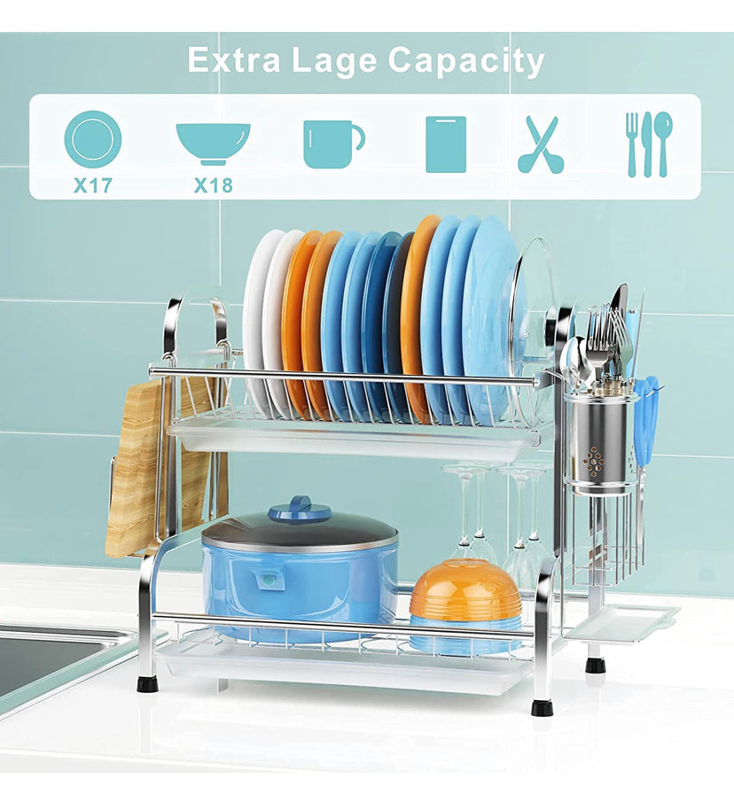 Dish Drying Rack, Haundry Stainless Steel 2-Tier Dish Rack with Utensil Holder, Cutting Board Holder and Dish Drainer for Kitchen Counter, Silver/ black