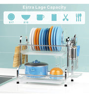 Dish Drying Rack, Haundry Stainless Steel 2-Tier Dish Rack with Utensil Holder, Cutting Board Holder and Dish Drainer for Kitchen Counter, Silver/ black