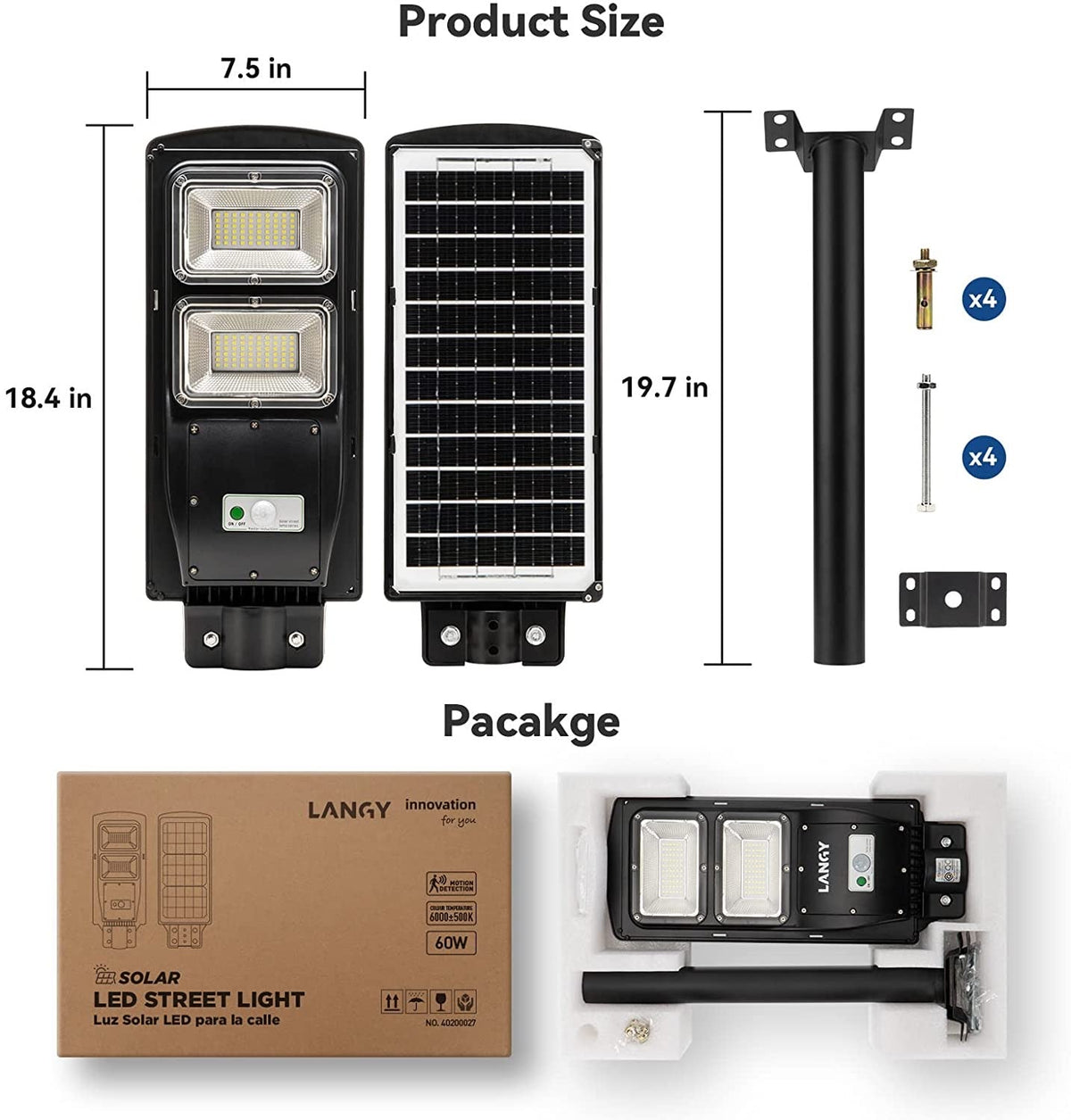 60W Solar Street High Brightness Light 6000 Lumens,120 LED with Light Control, PIR Motion Sensor, Dusk to Dawn Security Led Flood Light