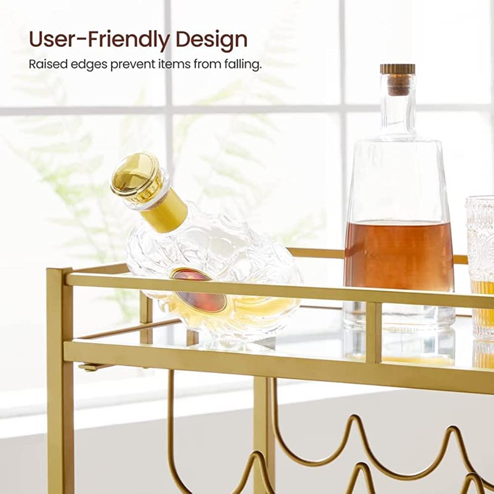2-Tier Gold Bar Cart with Mirrored Shelves
