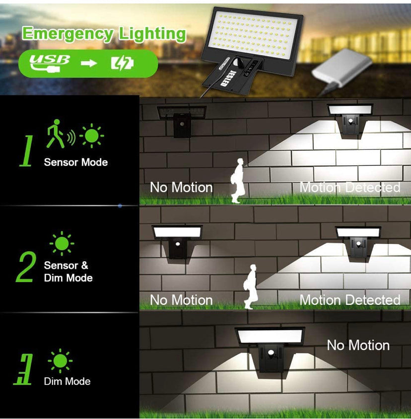 Solar Lights Outdoor Motion Sensor, 90 LED Solar Powered Exterior Wall Security Light Waterproof for Porch Yard Patio Garage, Dusk-to-dawn, Super Bright, USB Charging & Emergency Lighting 2 Pack