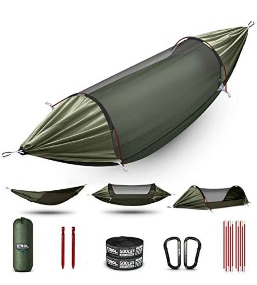 ETROL Hammock, Upgrade Double & Single Camping Hammock with Mosquito Net, Tree Straps, Hook, 3 in 1 Function Design Aluminium Parachute Portable Hammocks for Indoor, Outdoor, Hiking, Patio, Travel