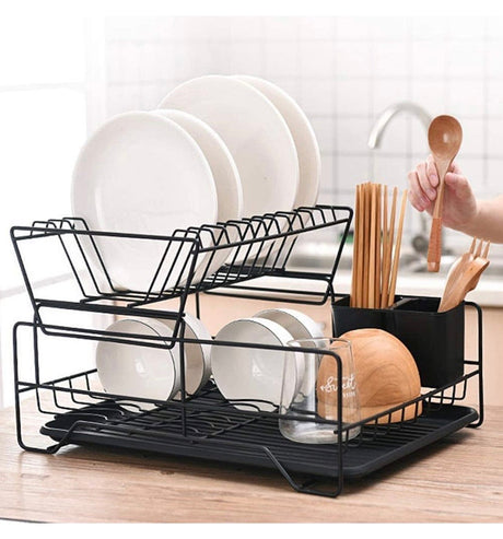 Dish Rack, Dish Drying Rack, 2 Tier Dish Rack with Utensil Holder, Cup Holder and Dish Drainer for Kitchen Counter Top (Black)