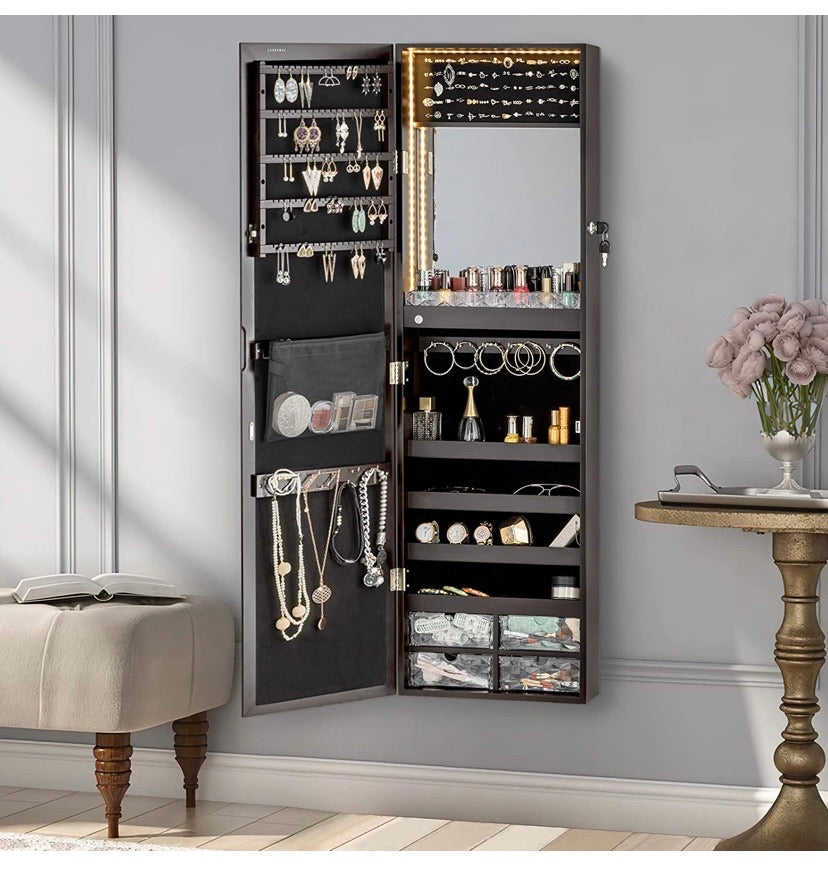 Luxfurni LED Light Jewelry Cabinet Wall-Mount/Door-Hanging Mirror Makeup Lockable Armoire, Large Storage Organizer w/Drawers
