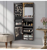 Luxfurni LED Light Jewelry Cabinet Wall-Mount/Door-Hanging Mirror Makeup Lockable Armoire, Large Storage Organizer w/Drawers
