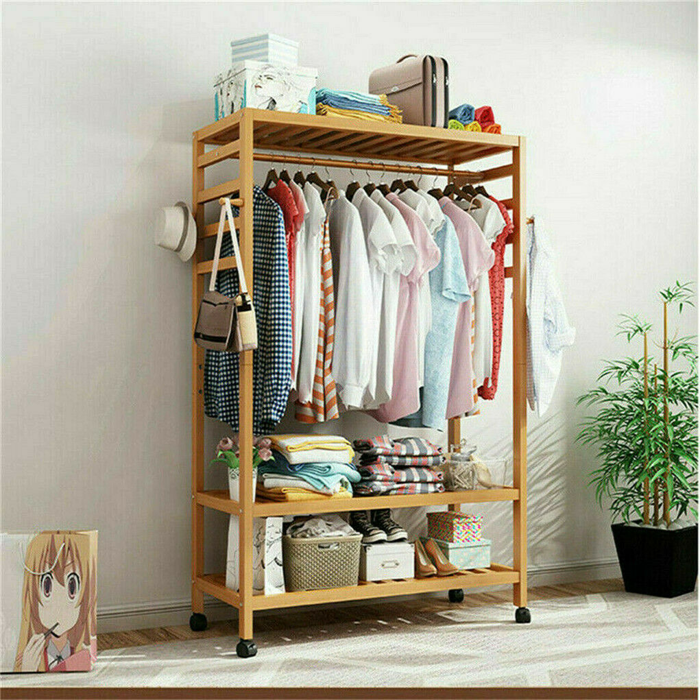 Mobile Wooden Clothes Rack with Wheels