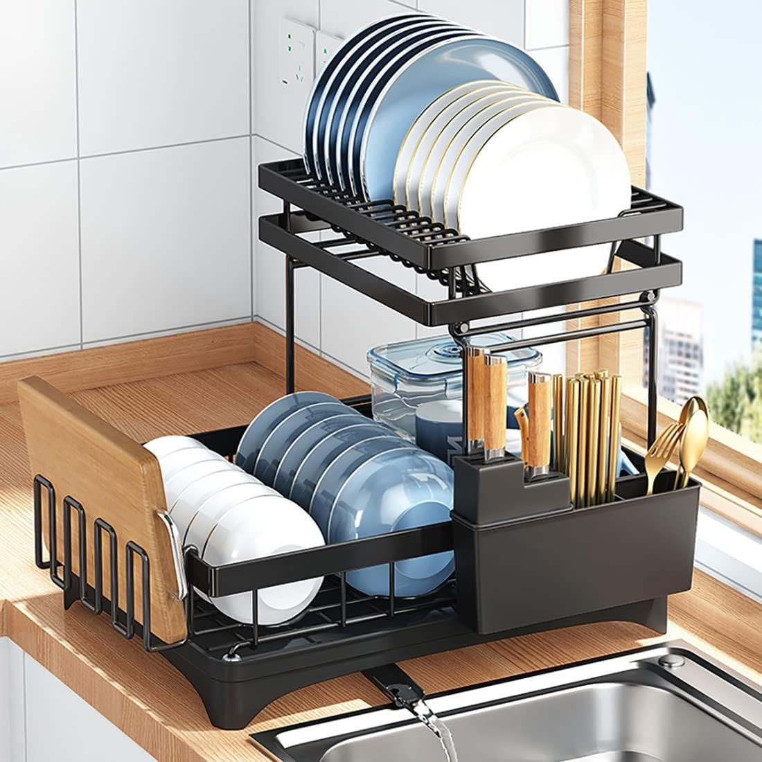 42 cm 2-Tier Dish Rack with 360° Extendable Drain Spout – 2 Colours
