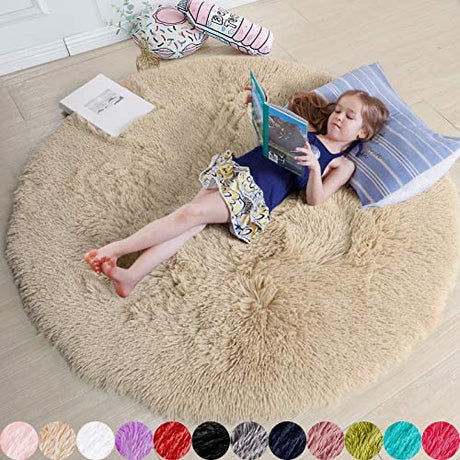 Round Rug for Bedroom, Fluffy Circle Rug 5'X5' for Kids Room,Furry Carpet for Teen Room,Shaggy Circular Rug for Nursery Room,Fuzzy Plush Rug for Dorm,Cute Room Decor for Baby