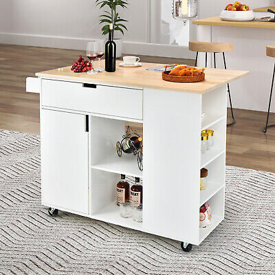 Drop-Leaf Rolling Kitchen Island with Cabinet & Drawer