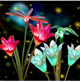2 PCS Solar Garden Lights Outdoor, Garden Decor with 6 Lily Flower and Butterflies Combination Decorative Lights Multi-Color Changing LED Solar Stake Lights for Path, Yard, Yard Art, Yard Decorations.