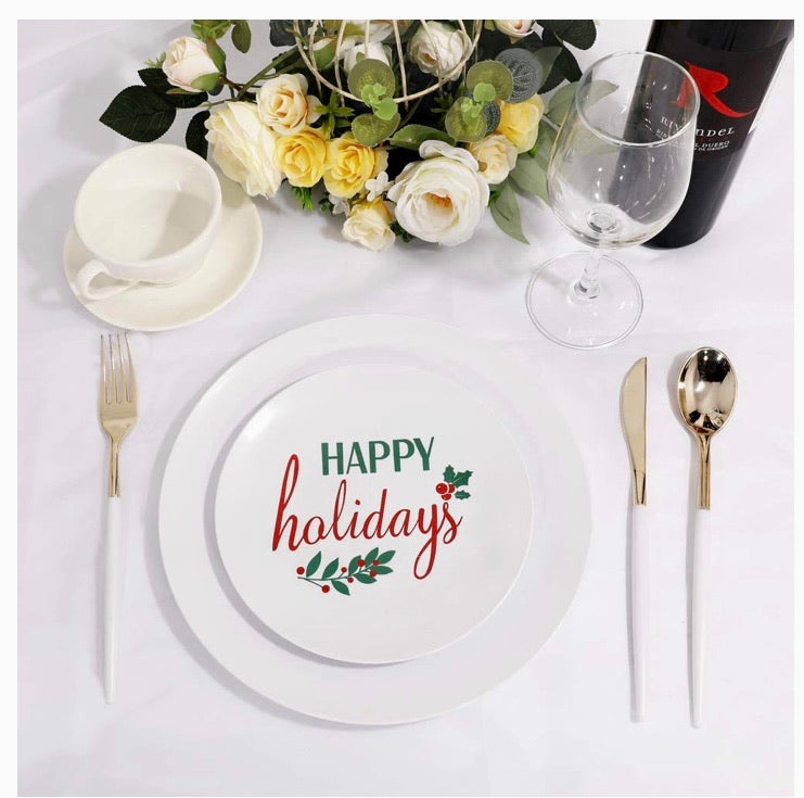 150pcs Plastic Party Dinnerware Set, Happy Holiday Plates，Plastic Plates with Christmas Design，Gold Cutlery with White handle，Supernal