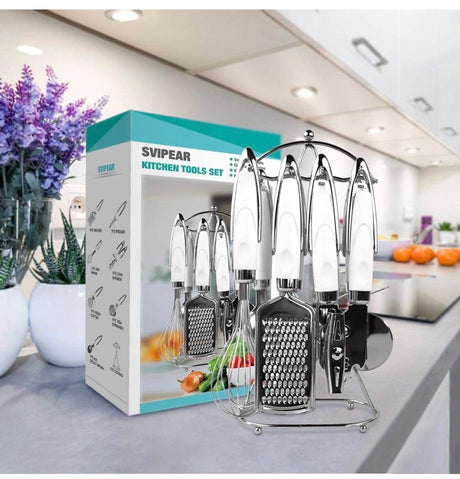 Kitchen Utensil Set - Cooking Stainless Steel Utensil Set - Kitchen Gadgets Cookware Set - Kitchen Tools Set with Soft Touch White Handles