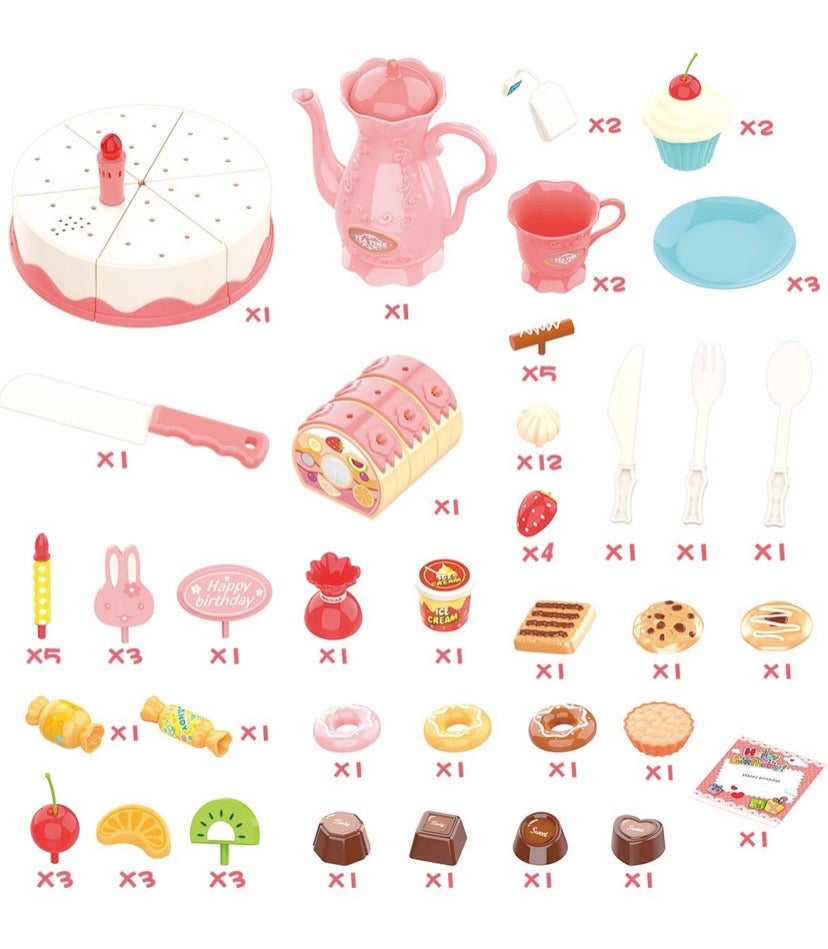 Pretend Play Food for Kids, DIY 82PCS Decorating and Cutting Birthday Party Cake, Tea Set,Candle,Fruits,Biscuits,Desserts,Educational Kitchen Toy with Lights&Sounds for Children,Girls&Boys,Aged 3+