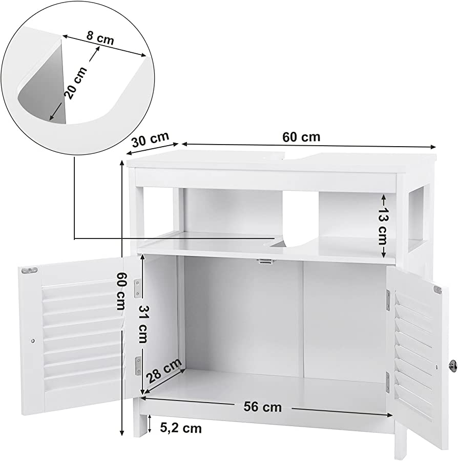 Vanity Unit Without Sink Lots of Storage Space Bathroom Cabinet with Slat Doors 2 White, MDF Panels, with Open Compartment, 60 x 30 x 60 cm