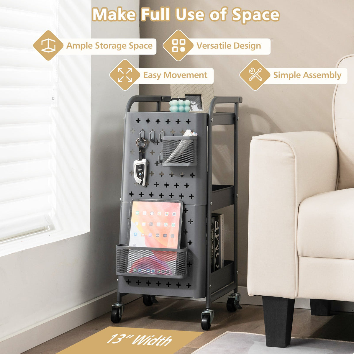 3-Tier Pegboard Rolling Storage Cart
