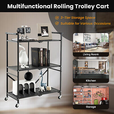 3-Tier Foldable Rolling Metal Storage Cart