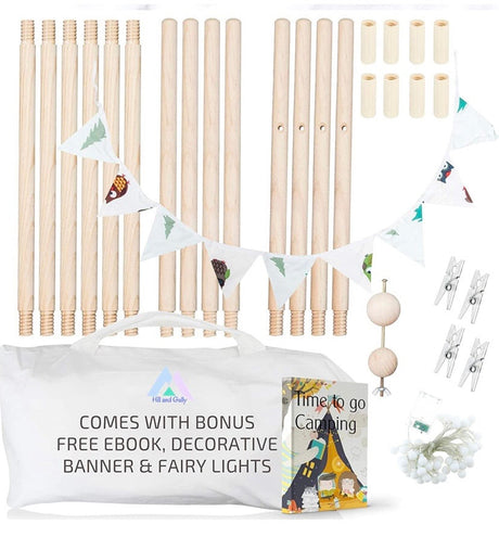 Tent for Kids with Lights, Flags, Floor and Carry Case – Large Foldable Play Tipee Tent for Boys, Toddler, Baby - Cotton Canvas Tpee Tent for Indoor Outdoor Use with Grey Tops