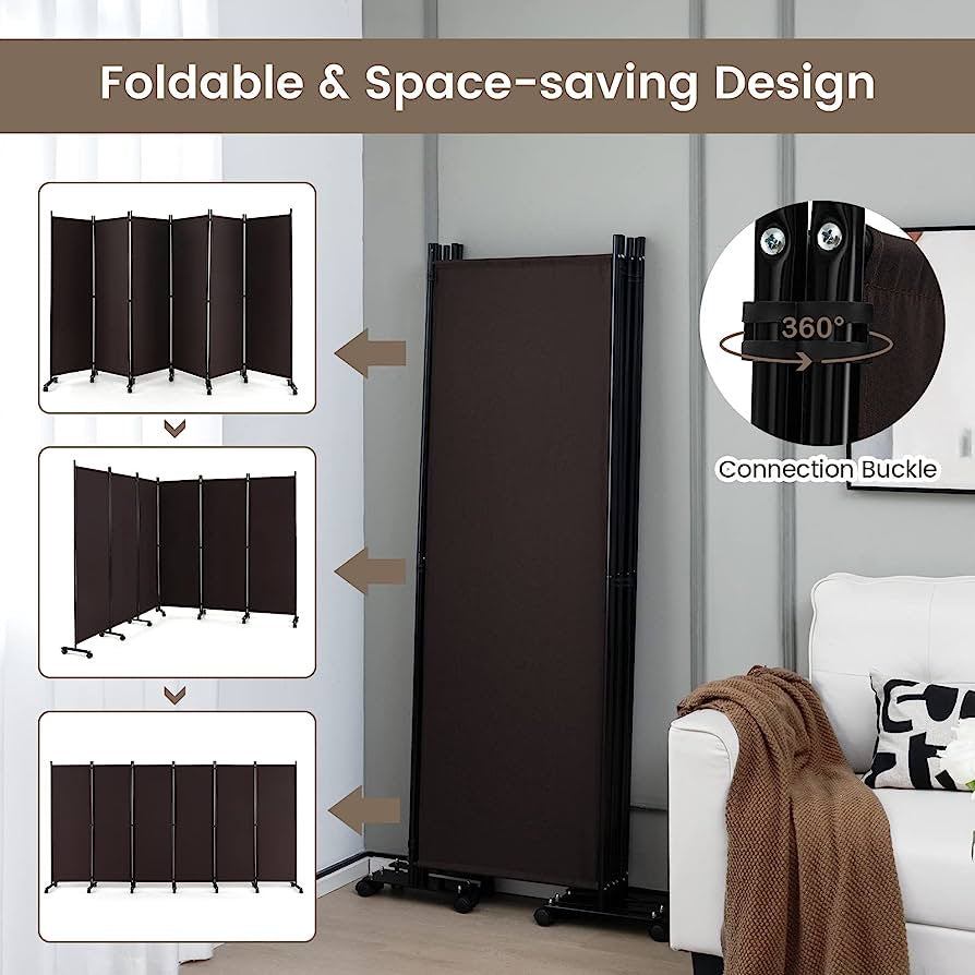 334.5 × 172 cm 6-Panel Rolling Room Divider – 4 Colours