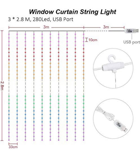 LED Curtain Light with Remote, 280 LED USB Window Fairy String Lights (Multi-Coloured)