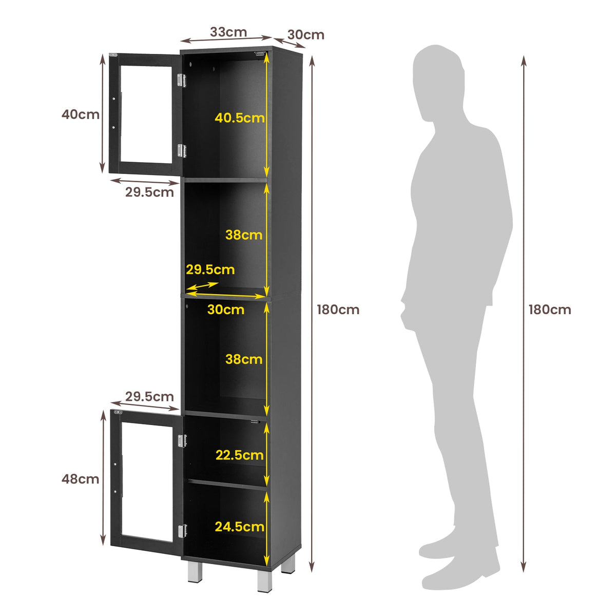 180 cm Five-Tier Tall Storage Cabinet with Glass Doors
