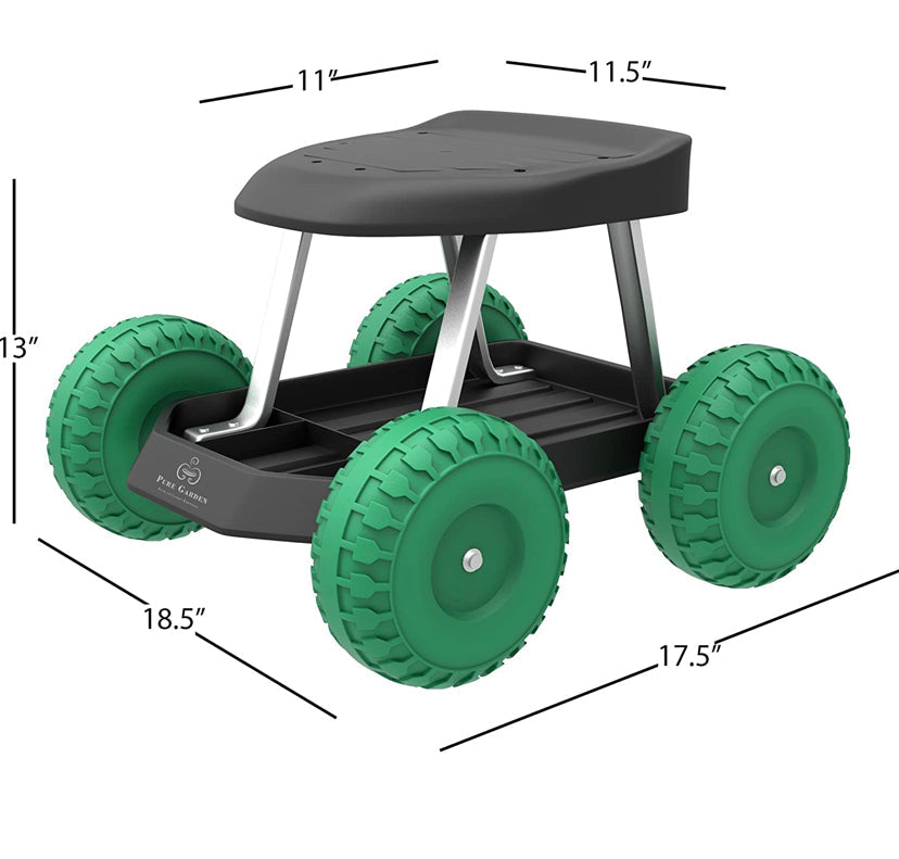 Pure Garden 82-VY021 Cart Rolling Stool with Wheels Seat, and Tool Tray for Weeding, Planting, or Lawn Care – Gardening Accessories and Supplies, 17.5x19, Green/Black