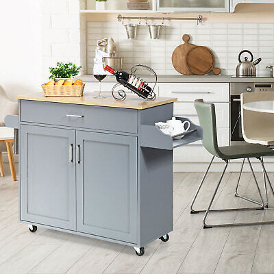 Grey Rolling Kitchen Island with Drawer, Cabinet & Side Racks