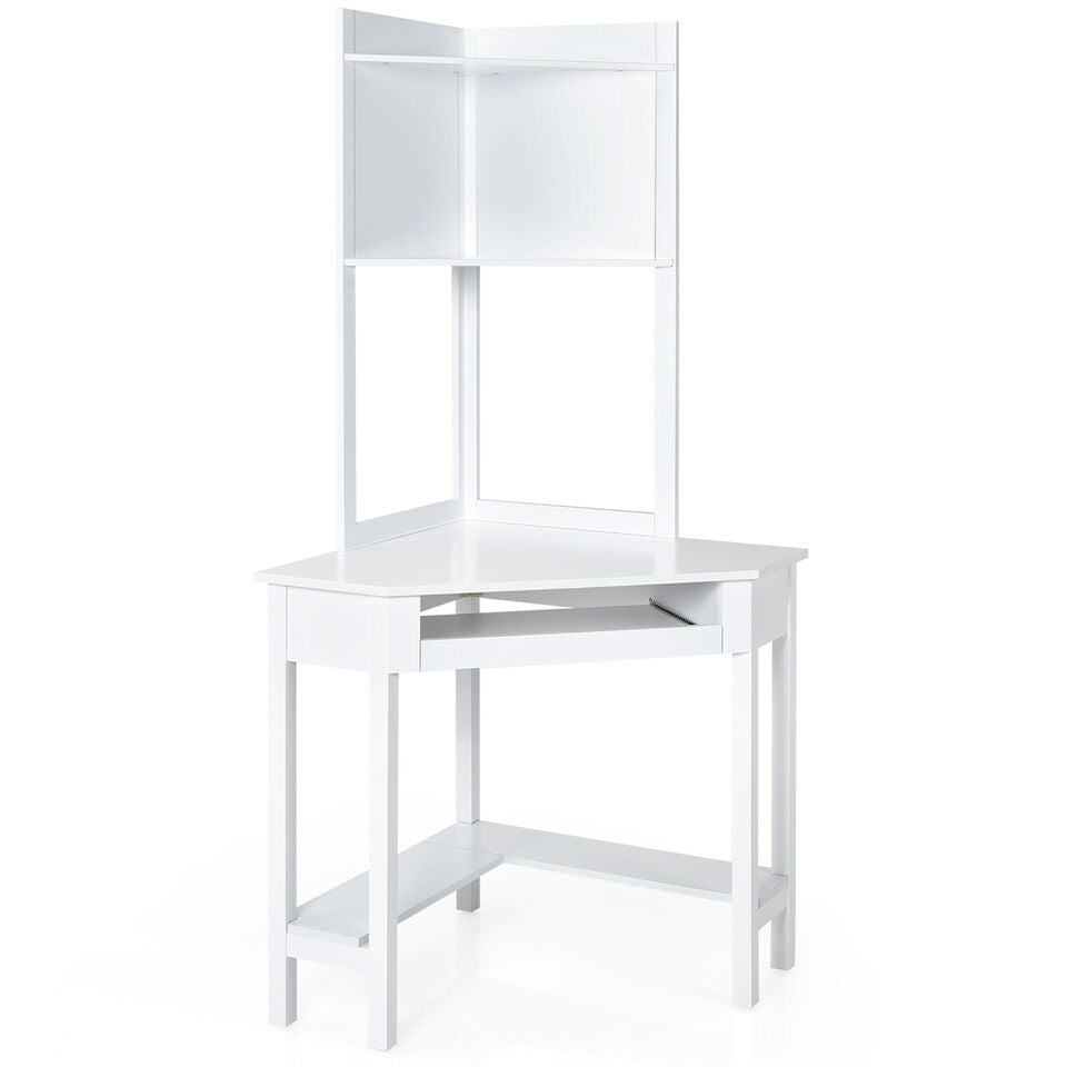 White Corner Computer Desk with Hutch & Keyboard Tray
