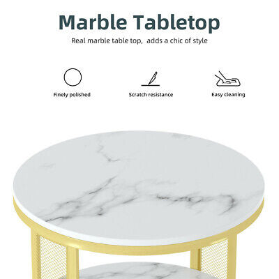 2-Tier Round Real-Marble Side Table – White