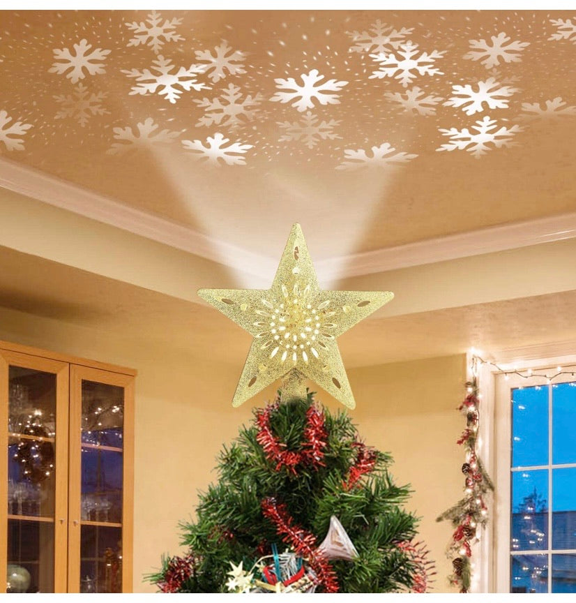 Christmas Tree Topper Lighted Star [Gold],3D Hollow Sparkling Star Christmas Tree Topper with Rotating Magic Cool White Snowflake Projector for Christmas Tree Ornament (Gold)