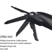 Black Stainless Steel Portable Multipurpose Pocket Size Tool with Anodized Aluminium Handle 7 Functions in 1 with Easy Carry Nylon Pouch for Outdoor Camping Household Car Emergency with Safe Locking