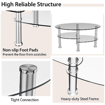 Oval Coffee Table 3-Tier Tempered Glass & Chrome Base Clear Living Room