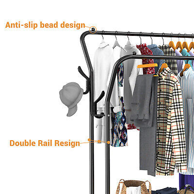 LOEFME Double-Rail Metal Garment Rack with Shoe Shelf
